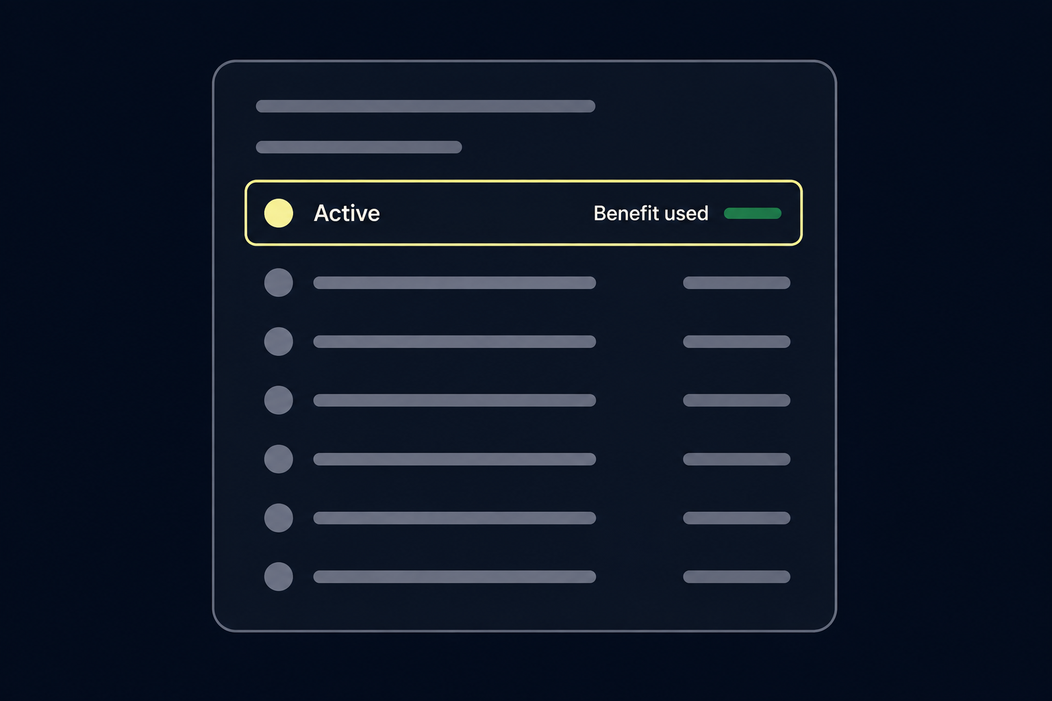 A payer coverage response with most fields greyed and the active status line marked in pale lime. 
