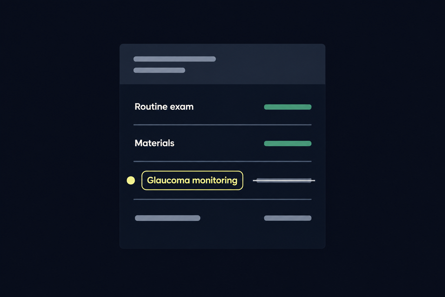 Vision plan benefit summary with the routine exam and materials rows active and the medical monitoring row struck out