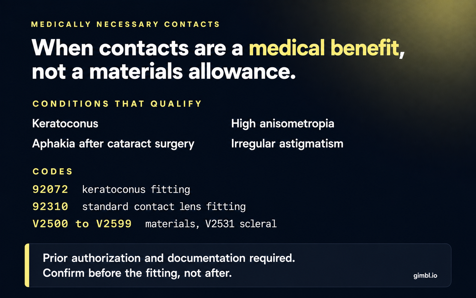 VSP medically necessary contact lens billing card with qualifying conditions and CPT and V codes