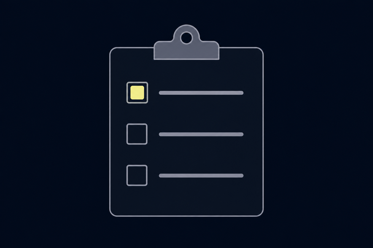 A check in clipboard holding three short questions, the first checkbox filled in pale lime. 